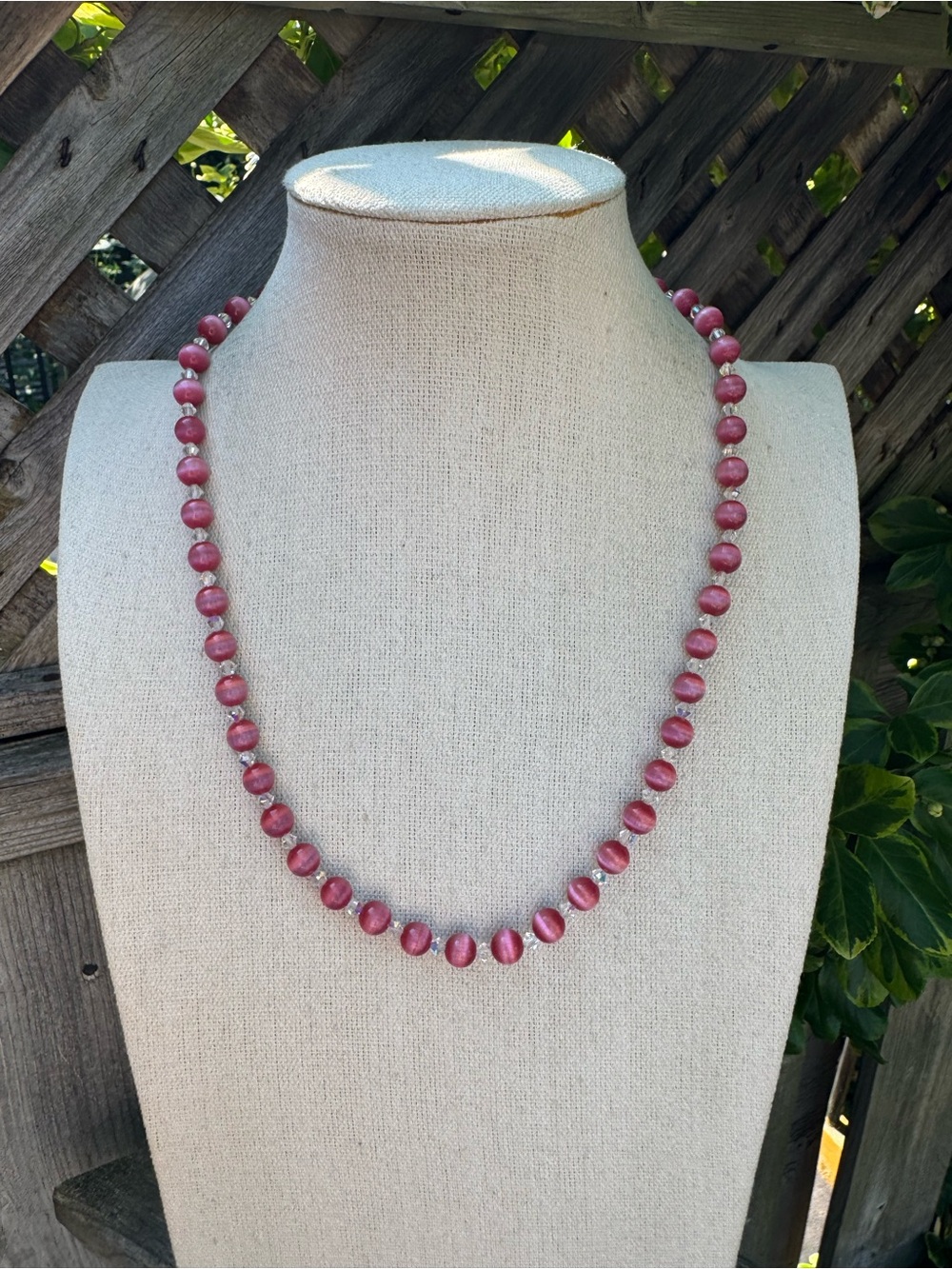 Rose Pink Cat’s Eye Glass Beaded Necklace AB Crystal and Sterling Clasp